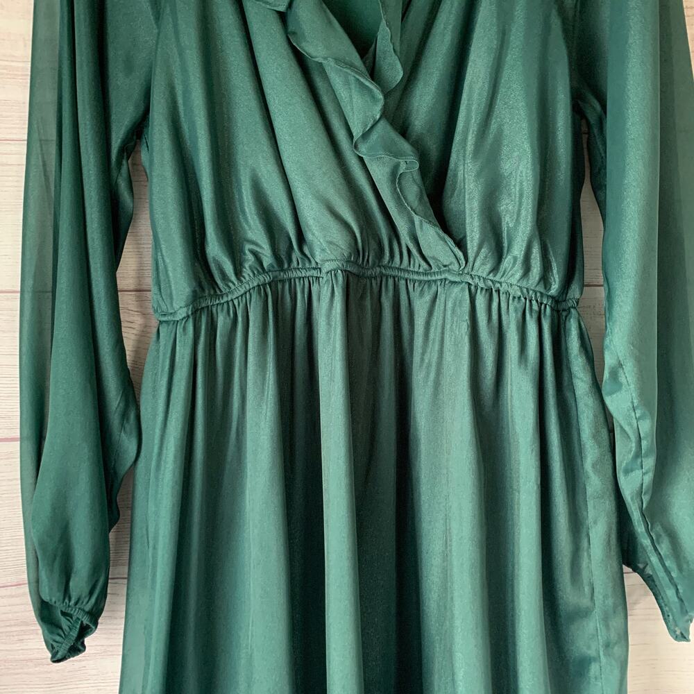 Andree by Unit Shimmery Forest Green Dress Sheer Long Sleeves Ruffle Size L - Picture 3 of 16
